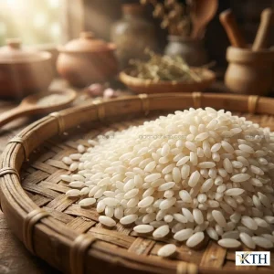 Hạt gạo nếp Lào Kay Noi tròn mẩy màu trắng ngà trên mẹt tre tự nhiên.