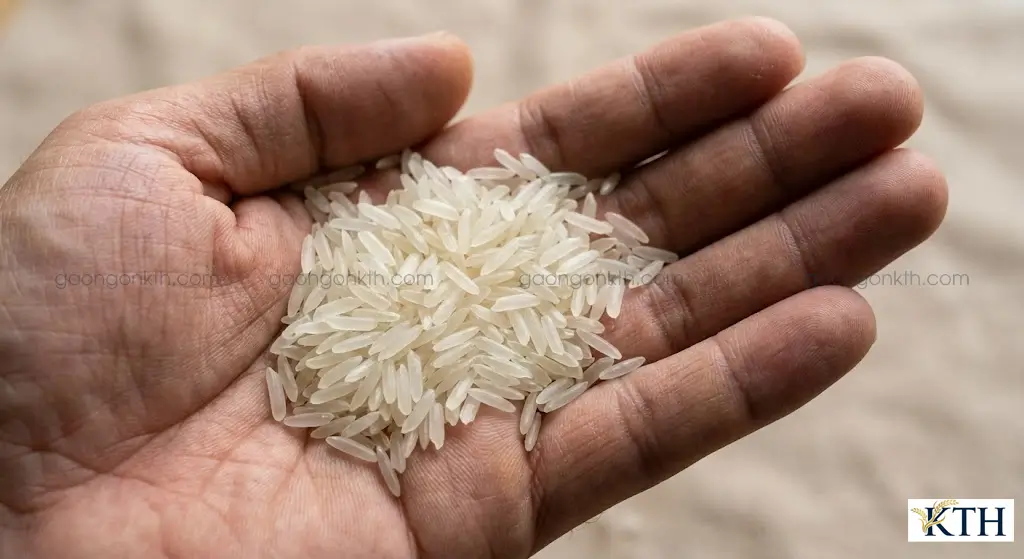 Hình ảnh cận cảnh hạt gạo OM18 thon dài, màu trắng trong và ít bạc bụng trên tay người.