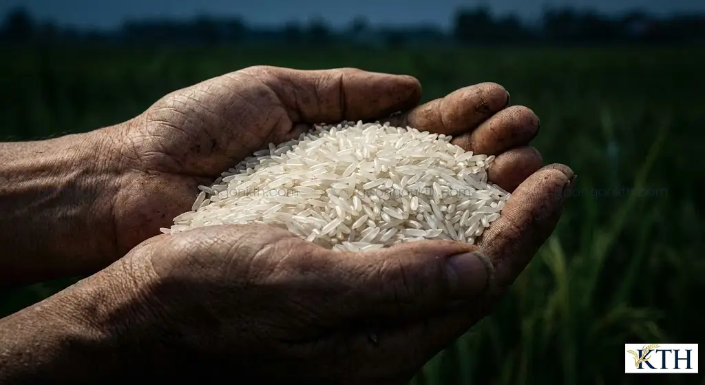 Cận cảnh hạt gạo ST25 chính hãng Ông Cua thon dài trắng trong trên tay chuyên gia, minh họa cho loại gạo ngon nhất thế giới biếu Tết.
