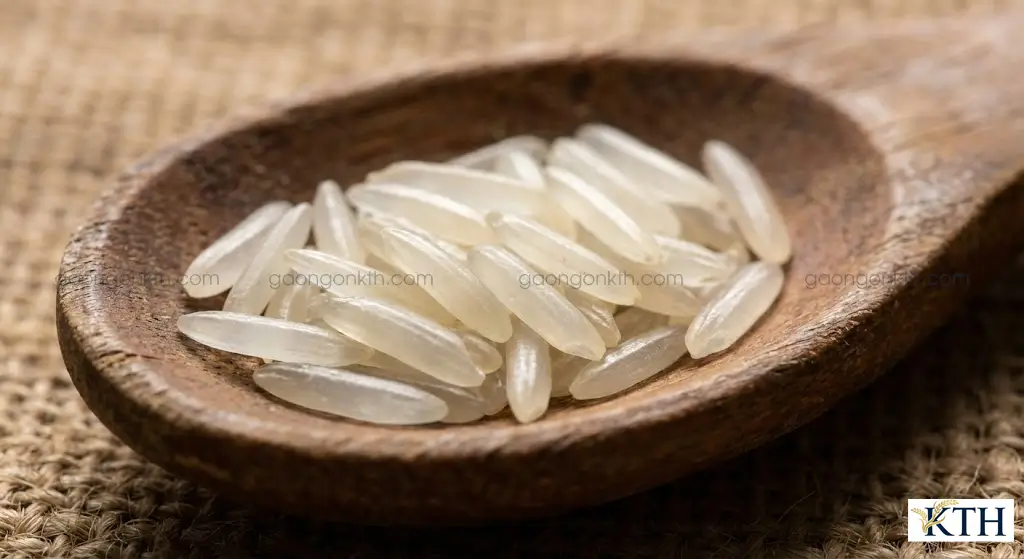 Hình ảnh hạt gạo tám thái nguyên chất hạt dài màu trắng trong không bị gãy vỡ.