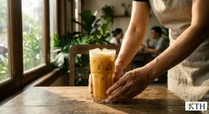 Ly trà sữa gạo rang truyền thống thơm ngon với màu nâu vàng óng ánh, lớp bọt mịn và đá bi trên bàn gỗ mộc tại quán cafe.