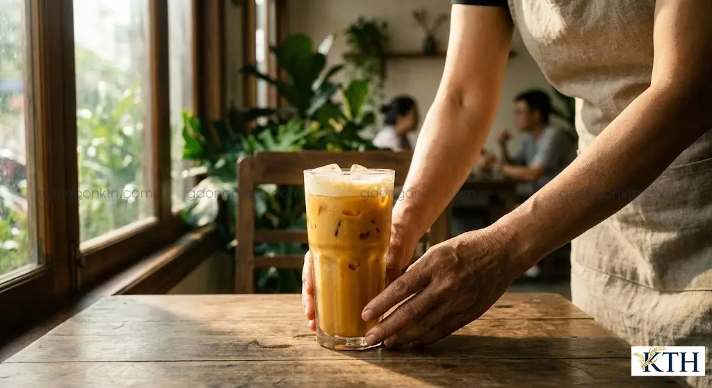 Ly trà sữa gạo rang truyền thống thơm ngon với màu nâu vàng óng ánh, lớp bọt mịn và đá bi trên bàn gỗ mộc tại quán cafe.