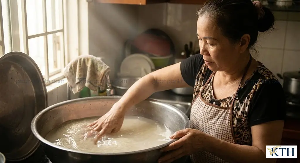 Người nội trợ Việt Nam đang thực hiện thao tác vo gạo nhẹ nhàng bằng tay trong thau nước để làm sạch bụi bẩn mà không làm mất lớp cám gạo dinh dưỡng.