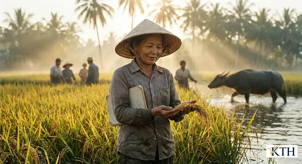 Chân dung chuyên gia nông nghiệp Đỗ Thị Nga Xô đang kiểm tra thực tế tại cánh đồng lúa đồng bằng sông Cửu Long, đại diện cho quy trình kiểm duyệt nội dung chuyên gia tại Gạo Ngon KTH.