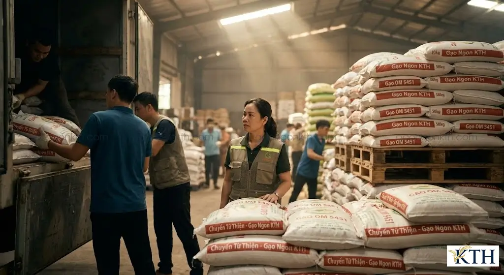 Kho gạo Ngon KTH với số lượng lớn gạo OM 5451 đóng bao sẵn sàng cho các hoạt động từ thiện và cung cấp sỉ.