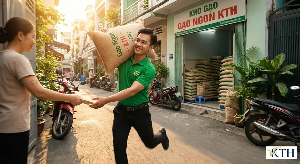 Nhân viên Gạo Ngon KTH giao gạo tận nhà cho khách hàng tại TP.HCM, cam kết dịch vụ nhanh chóng và tận tâm.
