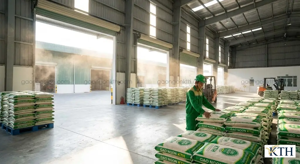 Kho gạo Ngon KTH tại Gò Vấp TP.HCM, quy trình bảo quản gạo sạch chuyên nghiệp.