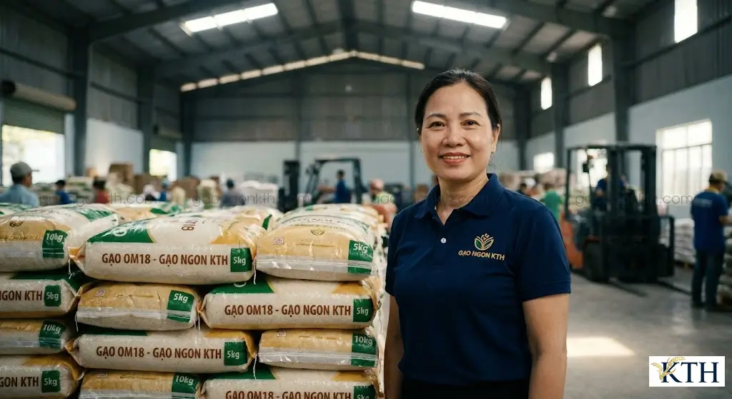 Kho gạo Ngon KTH tại TPHCM với số lượng lớn gạo OM18 đóng túi 5kg và 10kg sẵn sàng phân phối giá sỉ và lẻ.