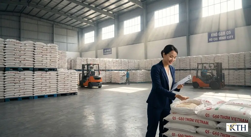 Kho gạo Q5 số lượng lớn tại TP.HCM của Gạo Ngon KTH, bảo quản trên pallet chuẩn quy trình chống ẩm mốc.