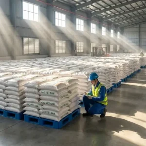 Kho bảo quản gạo 555 số lượng lớn, xếp trên pallet nhựa cách ẩm đúng quy chuẩn vệ sinh an toàn thực phẩm.