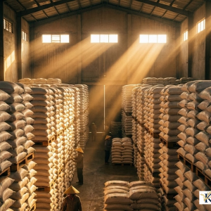 Kho gạo ST25 chính hãng với số lượng lớn được bảo quản trên pallet gỗ, đảm bảo tiêu chuẩn chất lượng và nguồn cung ổn định cho đại lý.