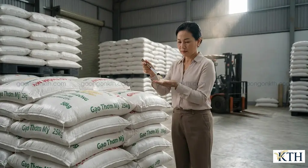 Kho gạo Thơm Mỹ số lượng lớn tại Gạo Ngon KTH, chuyên cung cấp gạo sỉ và gạo từ thiện đóng bao 25kg 50kg.