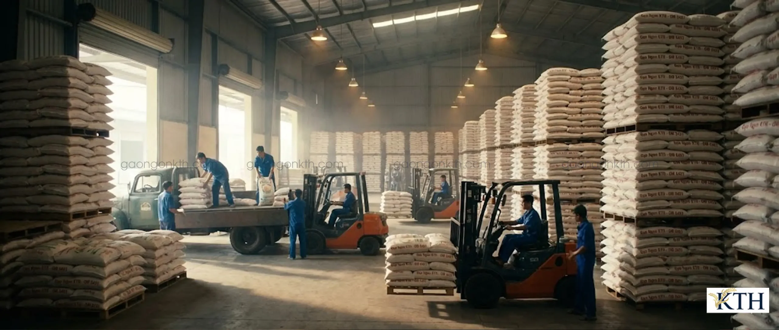 Hệ thống kho chứa gạo đạt chuẩn GSP và Silo công nghiệp tại nhà máy gạo KTH TP.HCM với năng lực cung ứng 100 tấn/ngày.