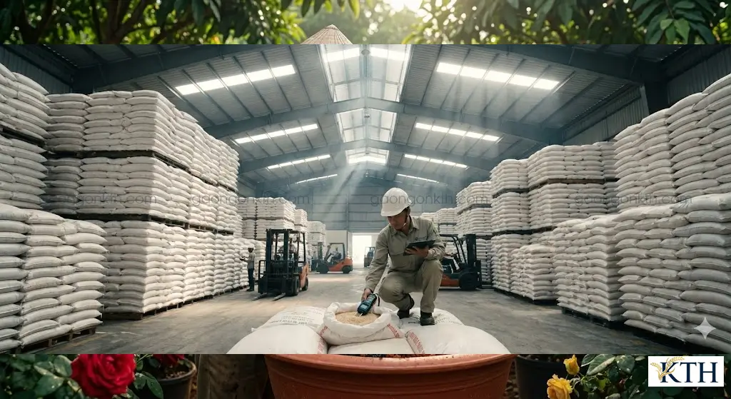 Kho chứa trấu xuất khẩu quy mô lớn của Gạo Ngon KTH đảm bảo nguồn cung ổn định và kiểm định chất lượng nghiêm ngặt.