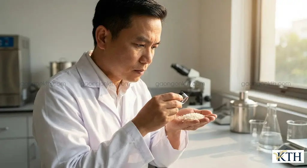 Chuyên gia kiểm định chất lượng gạo trắng hạt dài đảm bảo độ ẩm dưới 14% và không lẫn tạp chất.