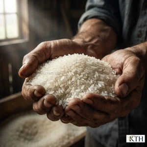 Kiểm tra chất lượng gạo sạch Gạo Sen Kro-Ob trên tay, cam kết không chất bảo quản và an toàn vệ sinh thực phẩm.