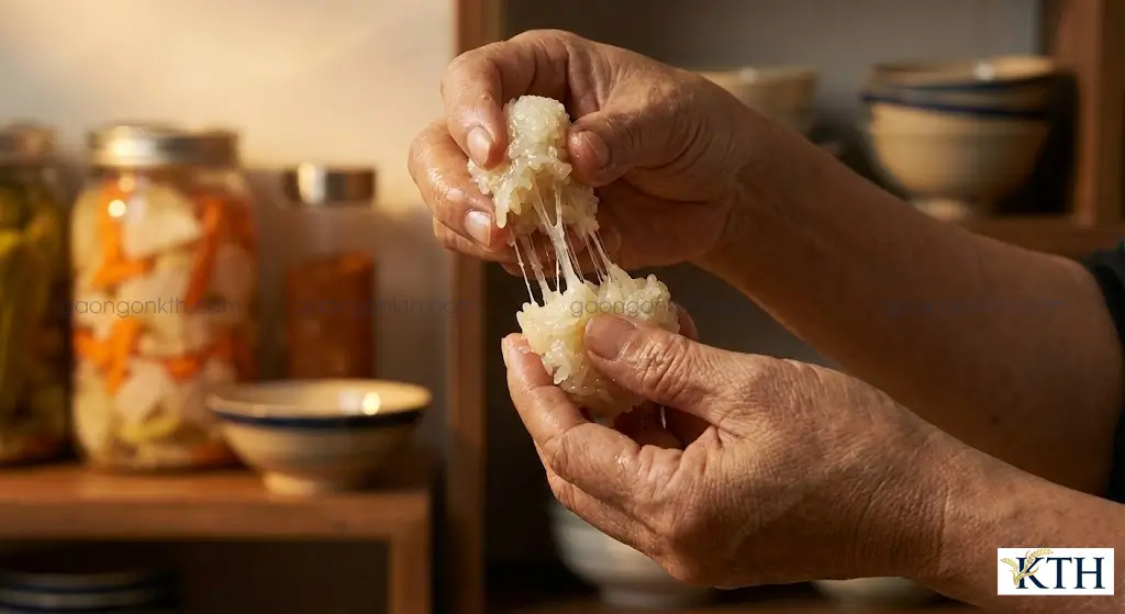 Chuyên gia kiểm tra độ dẻo của xôi nếp cái hoa vàng, hạt gạo kết dính tốt và không bị nát.