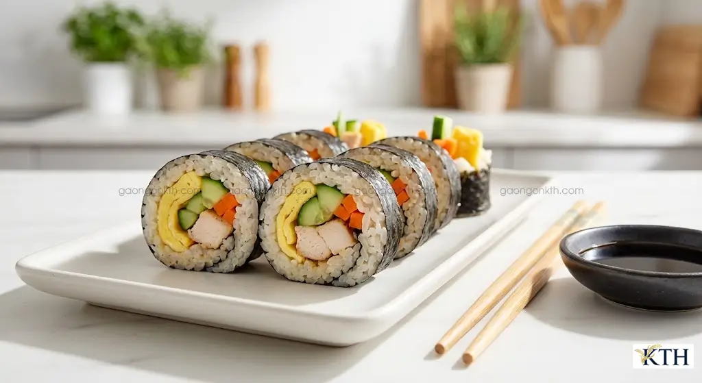 Món kimbap cơm cuộn gạo lứt trắng Nàng Hoa giảm cân, thực đơn Eat Clean dễ làm tại nhà.