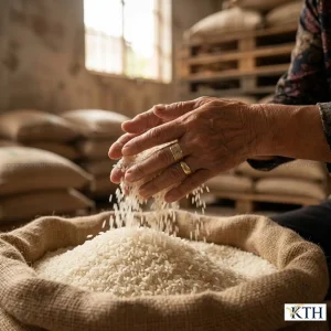 Chuyên gia Gạo Ngon KTH kiểm tra kỹ lưỡng chất lượng gạo Sari cũ, đảm bảo độ khô ráo trước khi giao cho lò bánh.