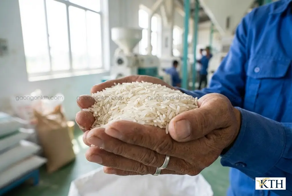 Chuyên gia kỹ sư nông nghiệp kiểm tra độ mới và chất lượng hạt gạo ST25 chính hãng.