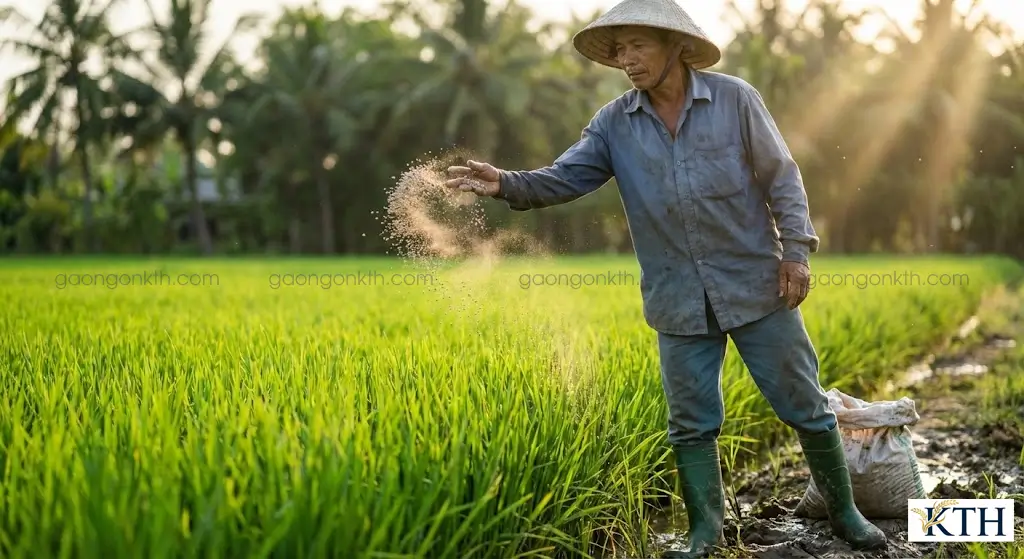 Nông dân đang thực hiện kỹ thuật bón phân đón đòng cho lúa OM34 giai đoạn làm đòng để tối ưu hóa số hạt trên bông.