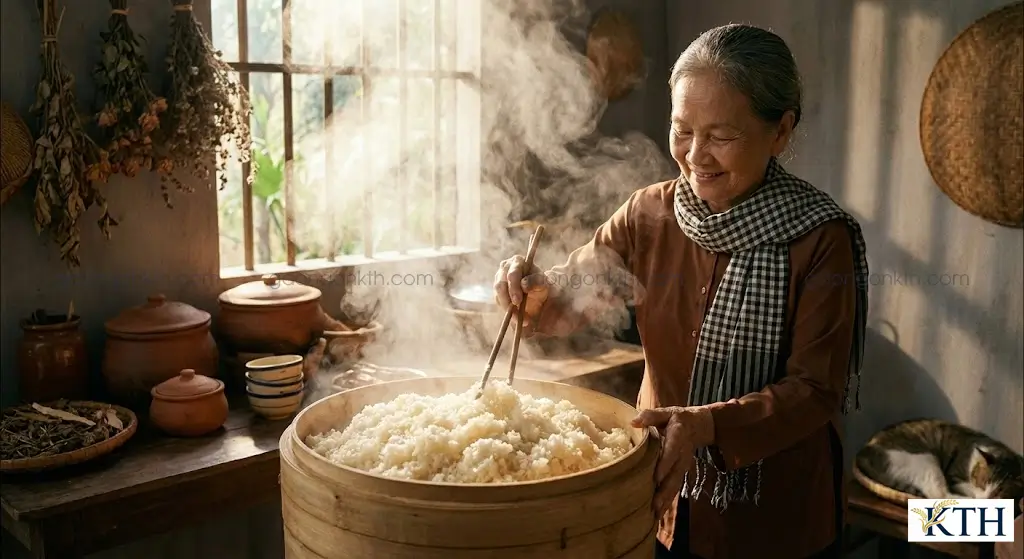 Chõ xôi nếp nóng hổi, hạt xôi bóng mượt, dẻo thơm được nấu theo kỹ thuật đồ xôi 2 lửa truyền thống.