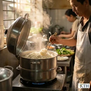 Kỹ thuật hấp cơm tấm bằng xửng giúp hạt cơm tơi xốp không bị nhão dính.