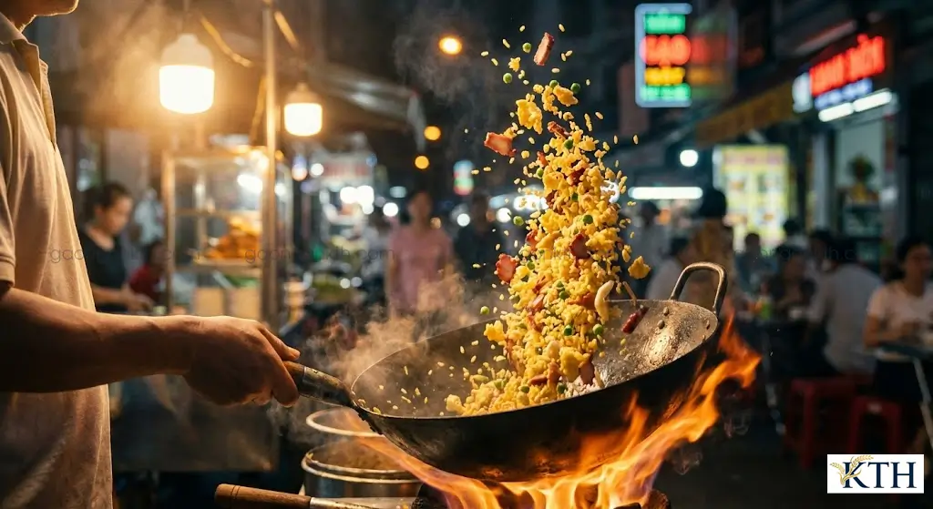 Đầu bếp Việt Nam đang đảo chảo cơm chiên Dương Châu trên lửa lớn (Wok Hei) sử dụng Gạo Nở 404 cũ để hạt cơm vàng giòn tơi xốp.