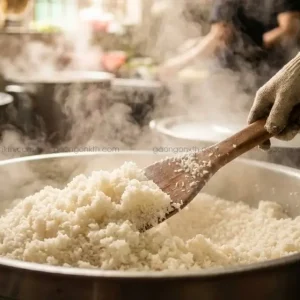 Kỹ thuật xới cơm tấm 504 chín tới, hạt cơm nở bung, tơi xốp, không bị nhão hay bết dính trong nồi công nghiệp.
