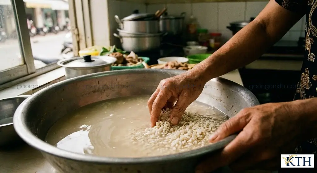 Kỹ thuật ngâm gạo tấm nhuyễn (hydration) trong nước từ 15-30 phút trước khi nấu để cơm không bị sượng.