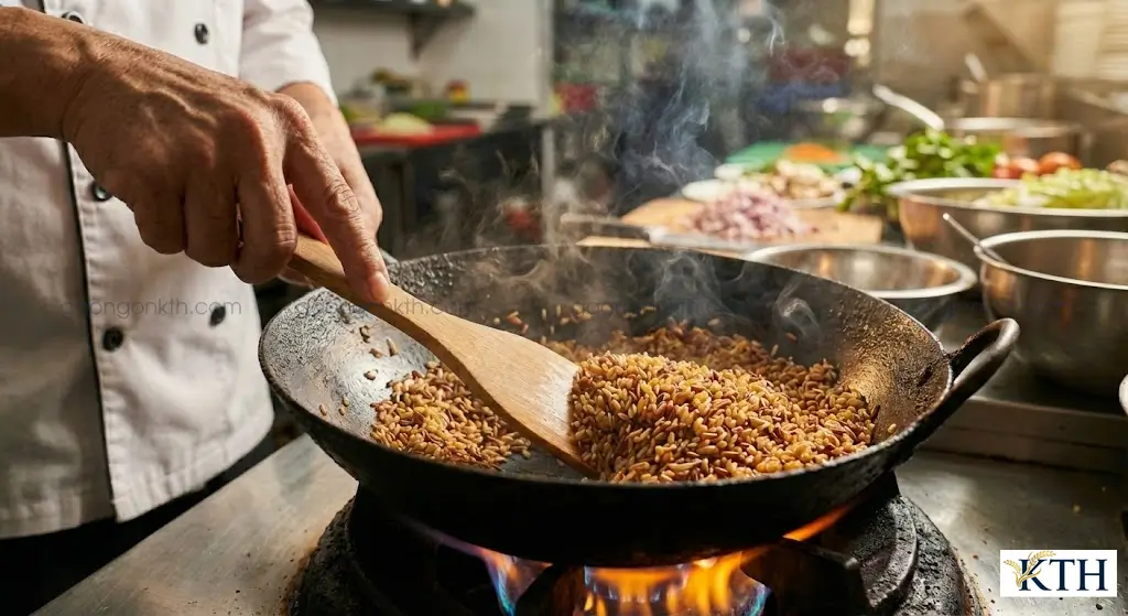 Cận cảnh kỹ thuật rang gạo ST25 và gạo lứt huyết rồng trên chảo gang để tạo phản ứng Maillard và hương thơm đặc trưng cho trà sữa.