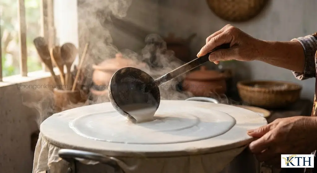 Kỹ thuật tráng bánh cuốn trên nồi hơi, dàn bột mỏng đều tay giúp bánh chín tới trong 3-5 giây mà không bị rách.