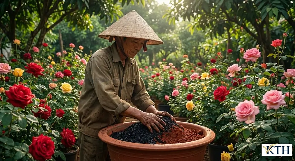 Kỹ thuật trộn giá thể trồng hoa hồng sử dụng trấu hun (Biochar) và đất thịt để tăng độ tơi xốp và giữ ẩm.
