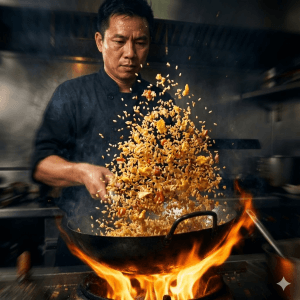 Đầu bếp đang xóc chảo làm cơm chiên với gạo Tài Nguyên cũ, hạt cơm tơi rời chịu được nhiệt độ cao mà không nát.