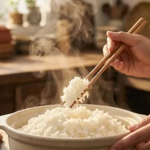 Kỹ thuật xới cơm bằng đũa giúp hạt gạo CL 555 tơi xốp, thoát hơi nước và không bị đóng bánh dưới đáy nồi.