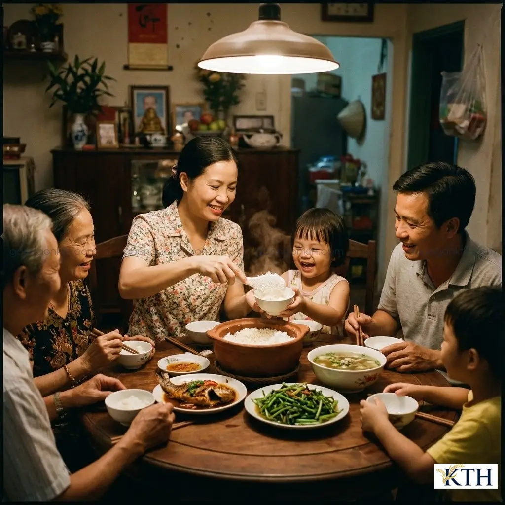 Bữa cơm gia đình Việt ấm cúng với cơm ngon từ gạo ST25 mua tại KTH Electric