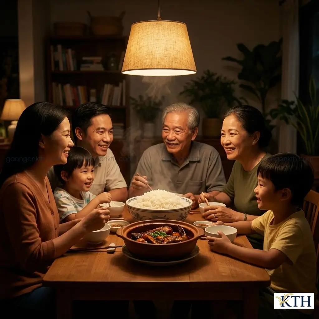 Bữa cơm gia đình Việt Nam ấm cúng với cơm gạo Nàng Hoa và cá kho tộ.