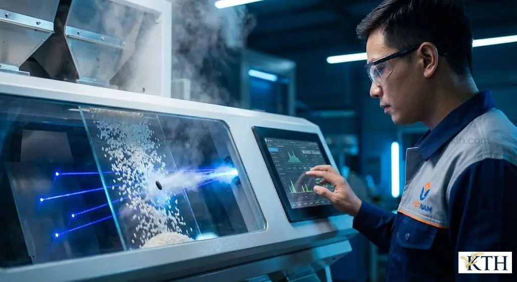 Máy tách màu quang học AI (Color Sorter) loại bỏ hạt đen và tạp chất với độ chính xác 99.99% trong dây chuyền sản xuất gạo xuất khẩu.