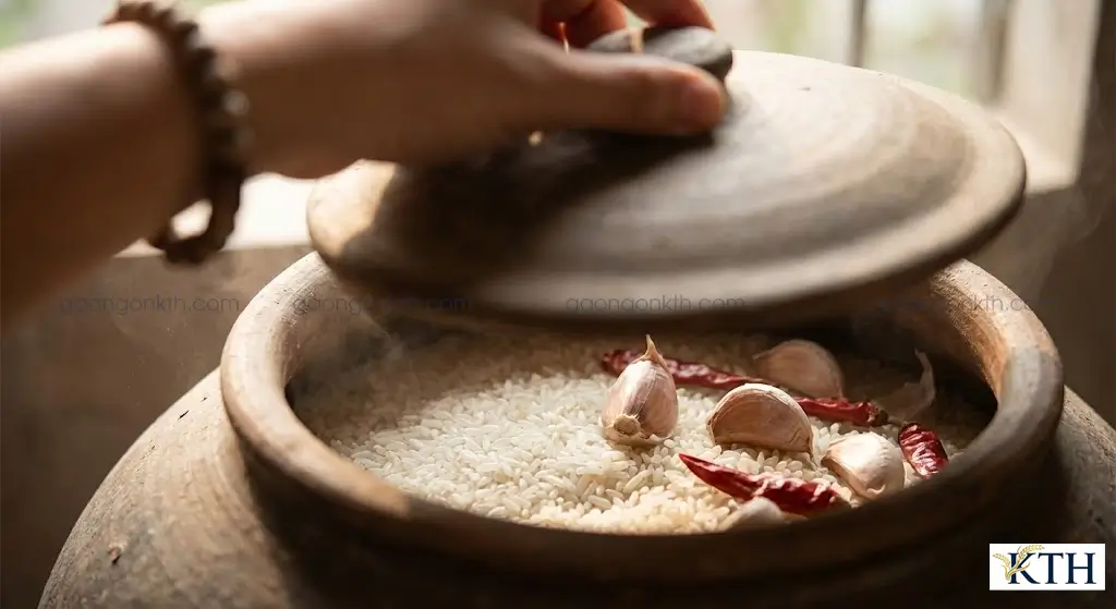 Mẹo bảo quản gạo bắc hương không bị mọt bằng tỏi và ớt khô trong chum sành.