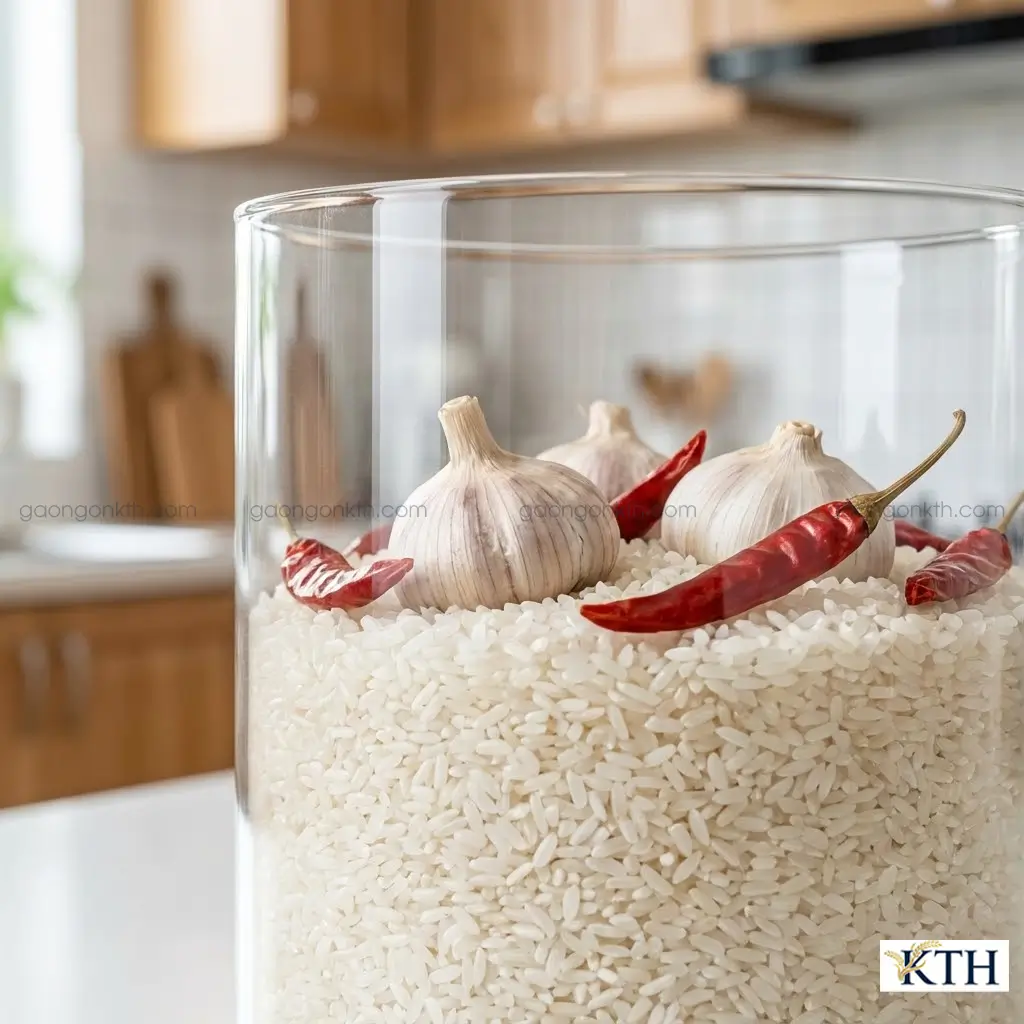 Cách bảo quản gạo tấm không bị mọt mốc bằng tỏi và ớt khô tự nhiên tại nhà.