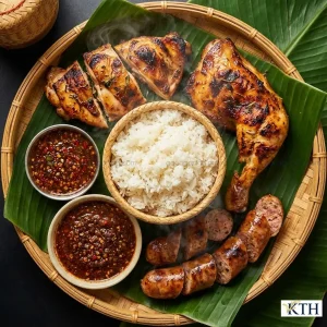 Mẹt xôi Lào ăn kèm gà nướng Seno và chấm chẩm chéo Jaew Bong ngon chuẩn vị.