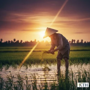 Người nông dân trên cánh đồng mô hình lúa tôm ST25 cộng sinh sạch vị tại Sóc Trăng dưới ánh hoàng hôn.