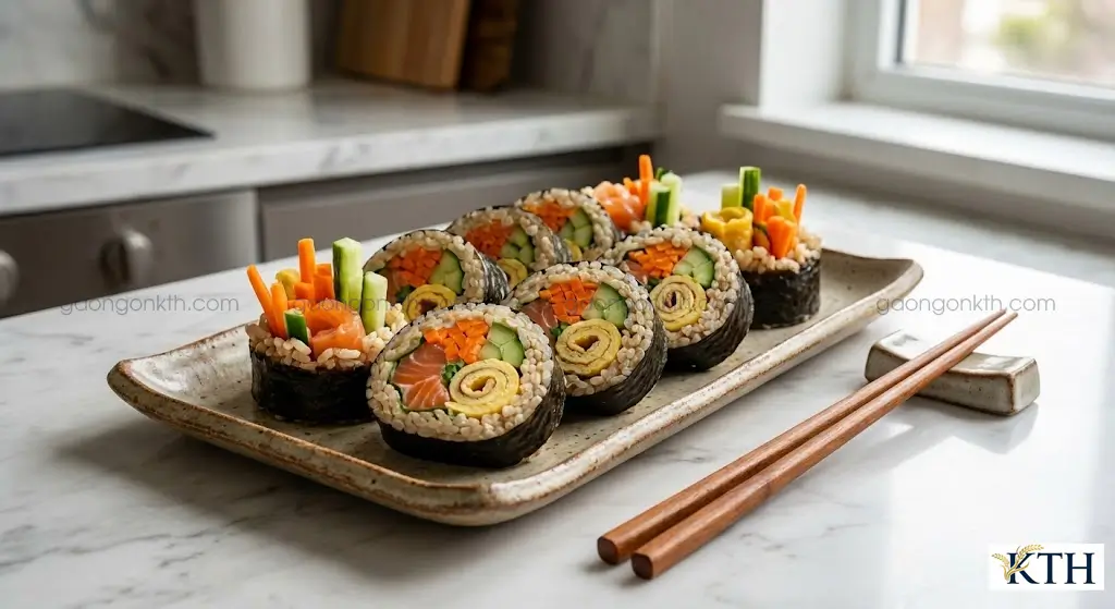 Món Kimbap làm từ cơm gạo lứt dẻo ngon và thực đơn Eat Clean đa dạng.