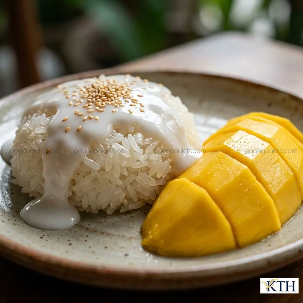 Món xôi xoài Thái Lan sử dụng gạo nếp Thái nhập khẩu cho hạt xôi bóng mượt, thấm nước cốt dừa mà không bị nát.