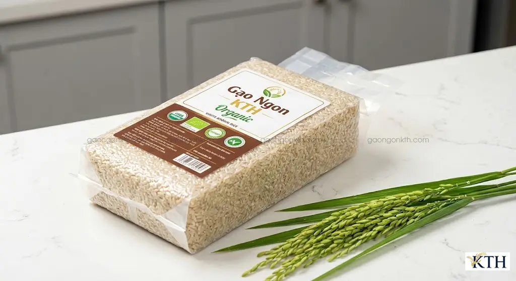 Túi gạo lứt trắng hữu cơ hút chân không thương hiệu Gạo Ngon KTH chất lượng cao