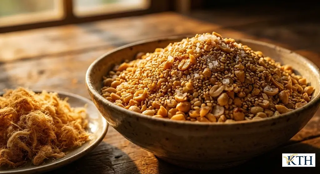 Cách làm muối vừng lạc rang và chọn ruốc thịt heo ngon ăn kèm xôi lạc.