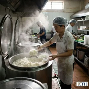 Đầu bếp đang xới cơm tấm Sa Mơ nóng hổi từ nồi công nghiệp, hạt cơm nở nhiều, tơi xốp giúp tối ưu lợi nhuận cho quán ăn.