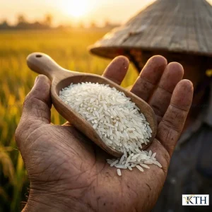 Cận cảnh bàn tay người nông dân nắm gạo Nếp Lá An Giang (Nếp Phú Tân) hạt dài, trắng đục, dẻo thơm, chuyên dùng gói bánh tét.