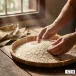 Hạt nếp sáp ngỗng Long An hạt dài trắng đục như sáp ong được đựng trong rổ tre truyền thống.
