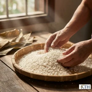 Hạt nếp sáp ngỗng Long An hạt dài trắng đục như sáp ong được đựng trong rổ tre truyền thống.